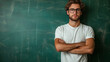 © RISHAD - Young man with glasses stands confidently with his arms crossed in front of a chalkboard. His casual pose and thoughtful expression create a sense of authority and knowledge.