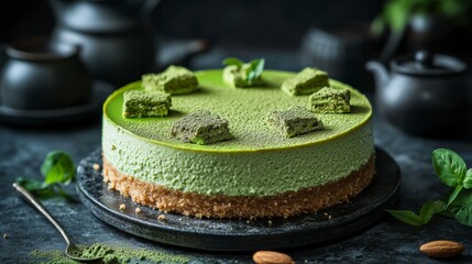 Delicious matcha green tea cheesecake standing on black table