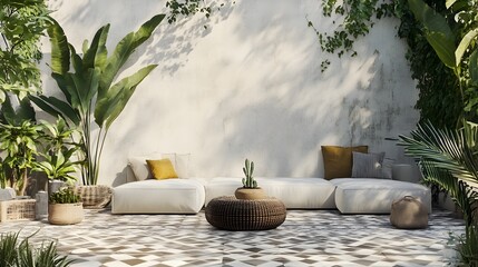 Poster - A modern and minimalist styled terrace with a geometric patterned tile floor chic outdoor furnishings and ample copy space for your design or promotional needs