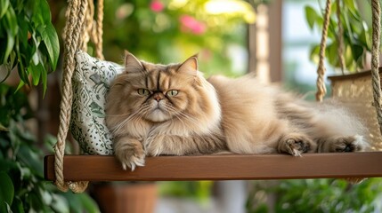 Wall Mural - A fluffy cat lounging on a swing surrounded by greenery.