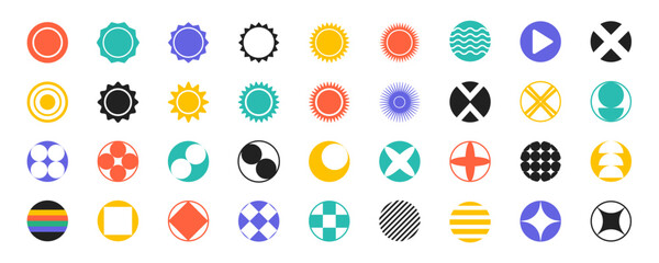 Poster - Set of round abstract shapes, badges and labels. Colorful forms in circles, decorative design elements. Vector illustration.