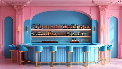 Chic luxury bar interior featuring vibrant pink and blue walls with an elegant bar counter in a stylish 3D design