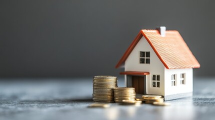 Model house with money coin stack on table with gray background. Saving money for house concept.

