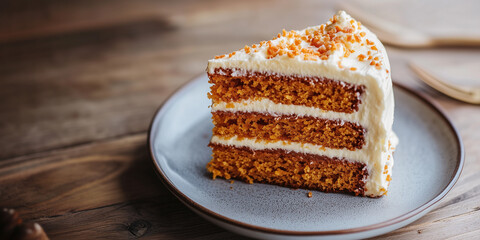 Poster - Slice of carrot cake on a plate, showing moist texture and frosting