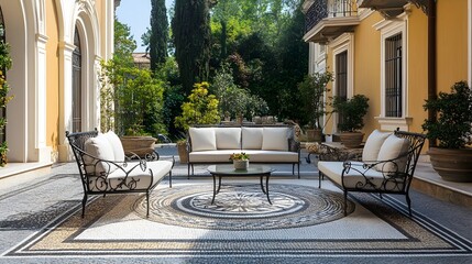 Wall Mural - Elegant Mosaic Tiled Terrace with Outdoor Seating and Inviting Atmosphere   Cozy and Peaceful Home Garden Oasis with Classic Design and Ample Copy Space