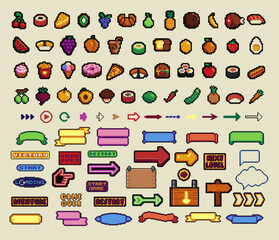 Fototapete - Pixel art frames. Retro 8 bit buttons, arrows, speech bubble messages, food and quote frame. Game UI vector template set of pixel game frame, 8 bit message illustration