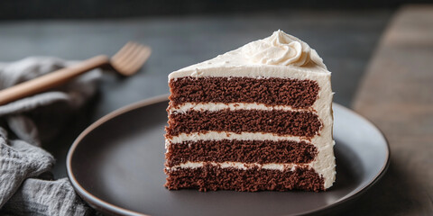 Canvas Print - Slice of chocolate cake on a plate, showing layers of cake and frosting