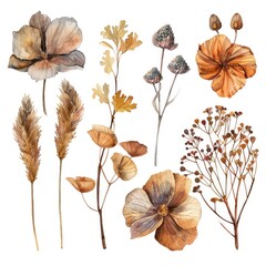 Wall Mural - Collection of Dried Flowers and Wildflowers Isolated on White Background