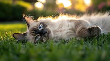 Wall Mural - A fluffy cat lounging on grass in a sunlit garden.