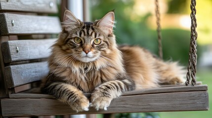 Wall Mural - A fluffy cat lounging on a wooden swing in a serene outdoor setting.