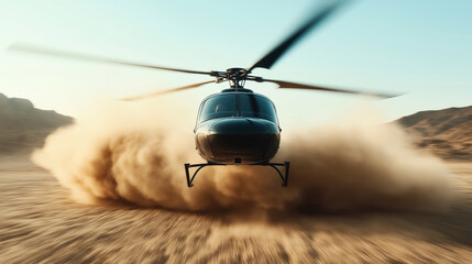 Canvas Print - Helicopter landing on a dusty desert terrain, creating a large cloud of dust. The helicopter blades are in motion, and a mountainous landscape is visible in the background.