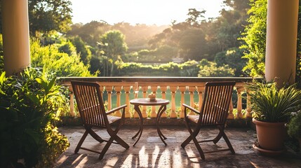 A classic style terrace with a view of a historic garden and traditional wooden furniture offering a peaceful and tranquil outdoor retreat amidst the serene countryside landscape