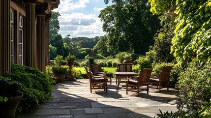 A photograph of a classic style terrace with a view of a historic garden and classic wooden furniture providing a serene and inviting atmosphere for leisure and relaxation