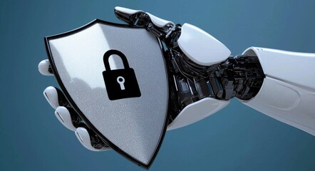 Poster - 3d rendering of ai robot hand holding shield with padlock icon over blue background abstract. cyber 