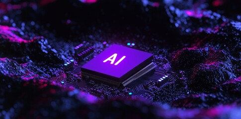 Poster - ink on microchip with small spot light spread over world, ai concept with copyspace banner backgroun