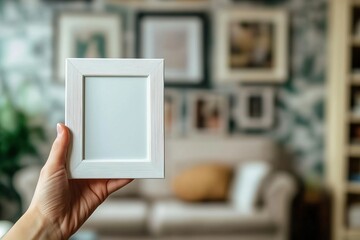 Canvas Print - A white rectangular photo frame held up in a cozy, well-lit living room setting.