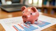 © diowcnx - Smiling Piggy Bank with Financial Planning Documents on Wooden Table.