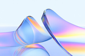 Poster - A creative arrangement of curved iridescent glass pieces, showcasing a spectrum of colors and fluid reflections.