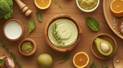 Top view photo for advertising purposes. Skin-refining salt, a thick product, packaged in a jar, containing natural ingredients and decorated around with natural ingredients and flowers.