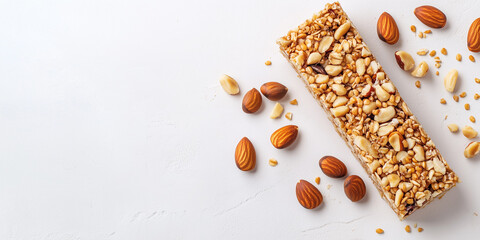 Energy bar with seeds and grains beside scattered nuts