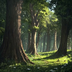 Poster - A path leads through a dense forest with sunlit leaves and tall trees.