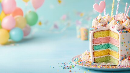 A beautifully sliced colorful rainbow cake with vibrant frosting and sprinkles, showcasing its bright interior, elegantly presented on a festive party table adorned with decorations.