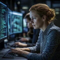 Wall Mural - Focused Female Cybersecurity Professional Analyzes Code on Monitors in Dark Office, Working Late