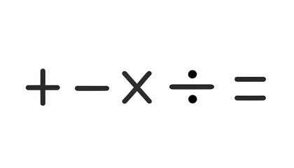 Math addition, subtract, multiple, equals, and divide symbols on a white background