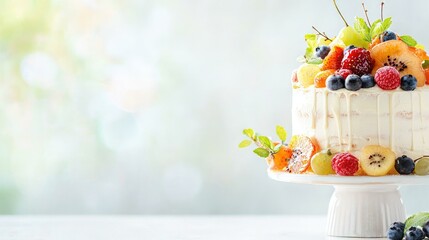 An elegant chiffon cake adorned with a glossy glaze and vibrant fresh fruit, artistically displayed on a delicate porcelain cake stand, perfect for special celebrations.