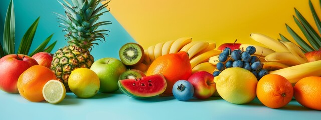 Wall Mural - Colorful assortment of fresh fruits on a vibrant background