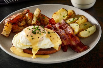 A white plate of Eggs Benedict with paprika, chives, and extra sauce.