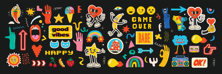 Fototapete - Retro set of icons of 90s. Pop art sticker collection for 1990 born baby. Badge for hipsters with sunglasses, boombox and roller, cassette. Vintage isolated element.