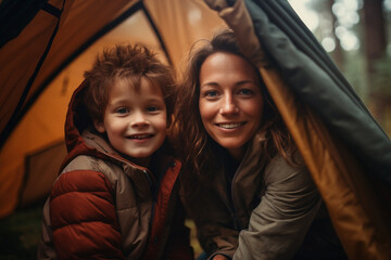 Canvas Print - AI generated image of happy mother and kid enjoying day together