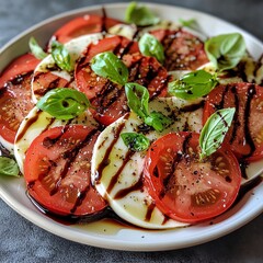 Poster - A plate of fresh mozzarella, tomato, and basil salad with balsamic vinegar and olive oil.