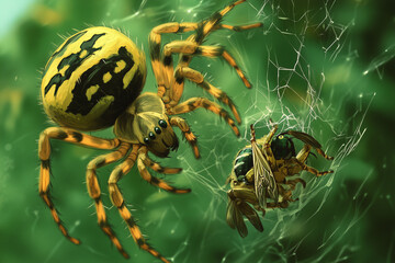 A Yellow Spider Catches its Prey in a Web