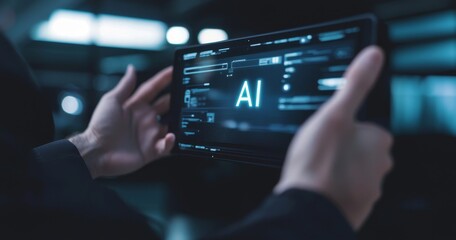 Poster - virtual graphics, businessman using command prompt for generating something, futuristic technology t