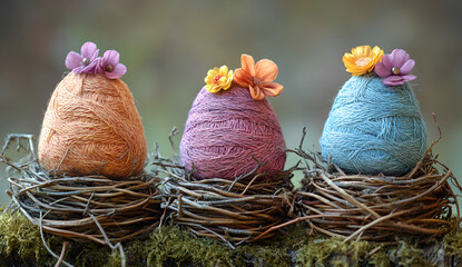  three small Easter eggs in a nest. The nest is made of twigs and moss, and the eggs are painted in different colors - one is orange, one is pink, and one is blue