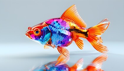 Vibrant 3D Crystal Goldfish on Reflective White Surface