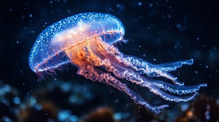 illuminated jellyfish swimming in the ocean, bioluminescent marine life. underwater photography and 