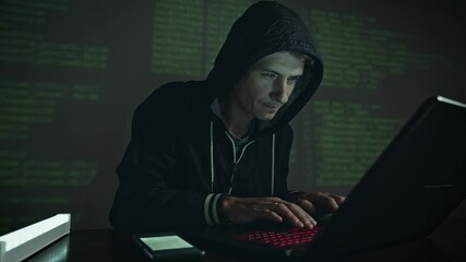 Wall Mural - A male hacker in a hood typing program code while committing a cybercrime hacking a system firewall on the background of screens in the dark under neon light. Cyber security concept