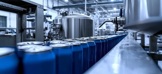 Poster - A modern automated factory assembly line for bottling beverages. High-tech, automated, and automatic manufacturing processes are used in a sterile environment.