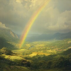 Poster - A rainbow arches over a lush valley with rolling hills.