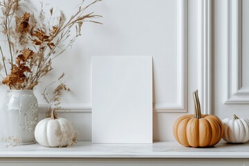 Modern console table mockup with blank invitation, Halloween pumpkin and minimalist vibes.
