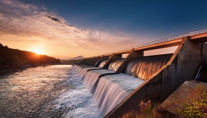 Wall Mural - An concrete dam with water flowing over it at sunset.