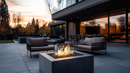 Wall Mural - Modern outdoor patio with contemporary furniture and a central fire pit. Large glass doors offer a view of an elegant, open interior. Sunset in the background.