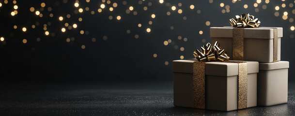 Festive gift box on dark background, banner mockup.  AI generation.