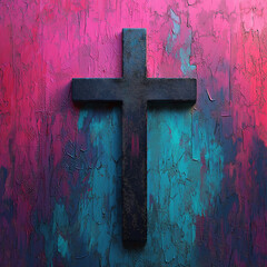 A cross is painted on a wall with a blue and pink background