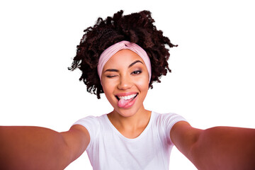 Poster - Self-portrait of her she nice-looking charming cute winsome attractive lovely cheerful cheery crazy wavy-haired girl having fun isolated over pink pastel background