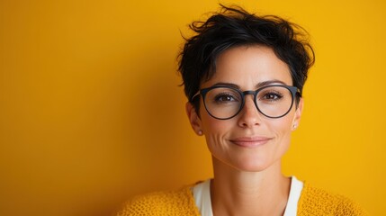 A composed woman with short hair, wearing glasses, and a yellow sweater, standing against a vibrant yellow background, showcasing a mood of confidence and calm.