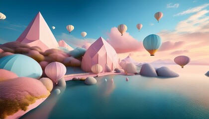 Wall Mural - Craft a surreal landscape scene featuring floating geometric shapes in a dreamy pastel color scheme, blending traditional watercolor techniques with digital enhancements